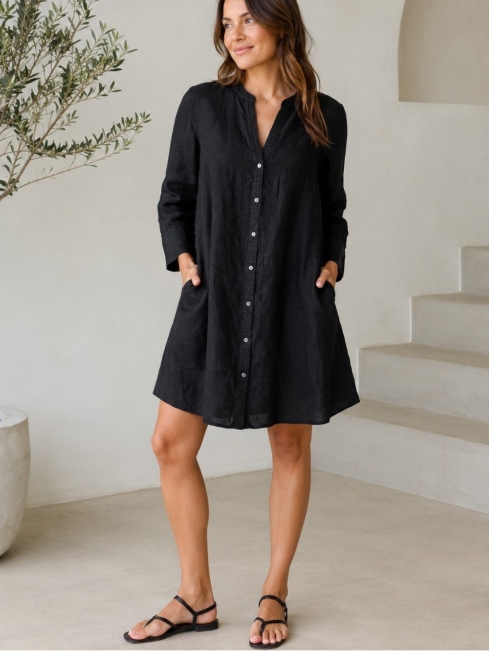Joie 100% Linen Black Button Front Shift Shirt Dress Medium Minimalist Boho M